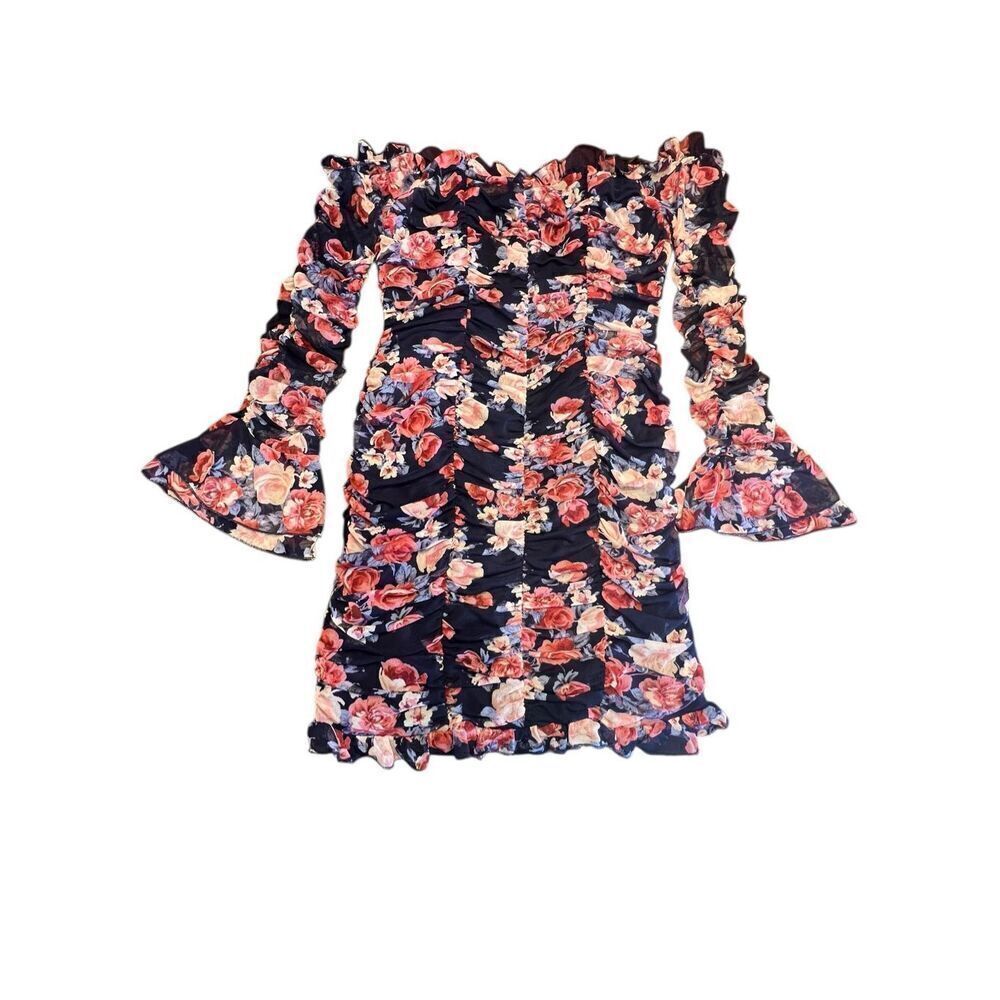 Lulus large Ruche Hour Navy Blue Floral Print Ruched Off-the-Shoulder Dress - Picture 4 of 8